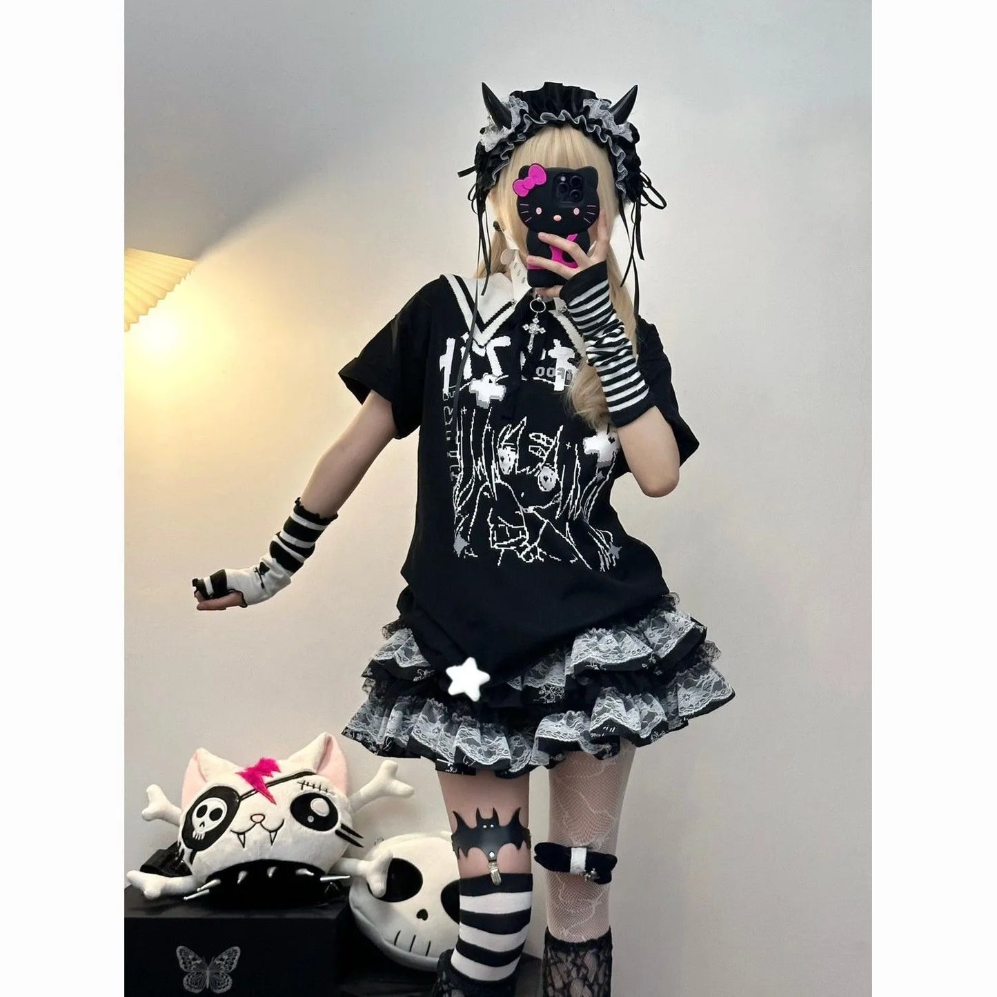 New Japanese Black Punk Harajuku Lace Puff A-line Miniskirt