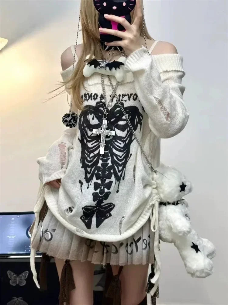 Gothic Knitted Women Pullovers Sexy Skull Off The Shoulder Loose Sweater