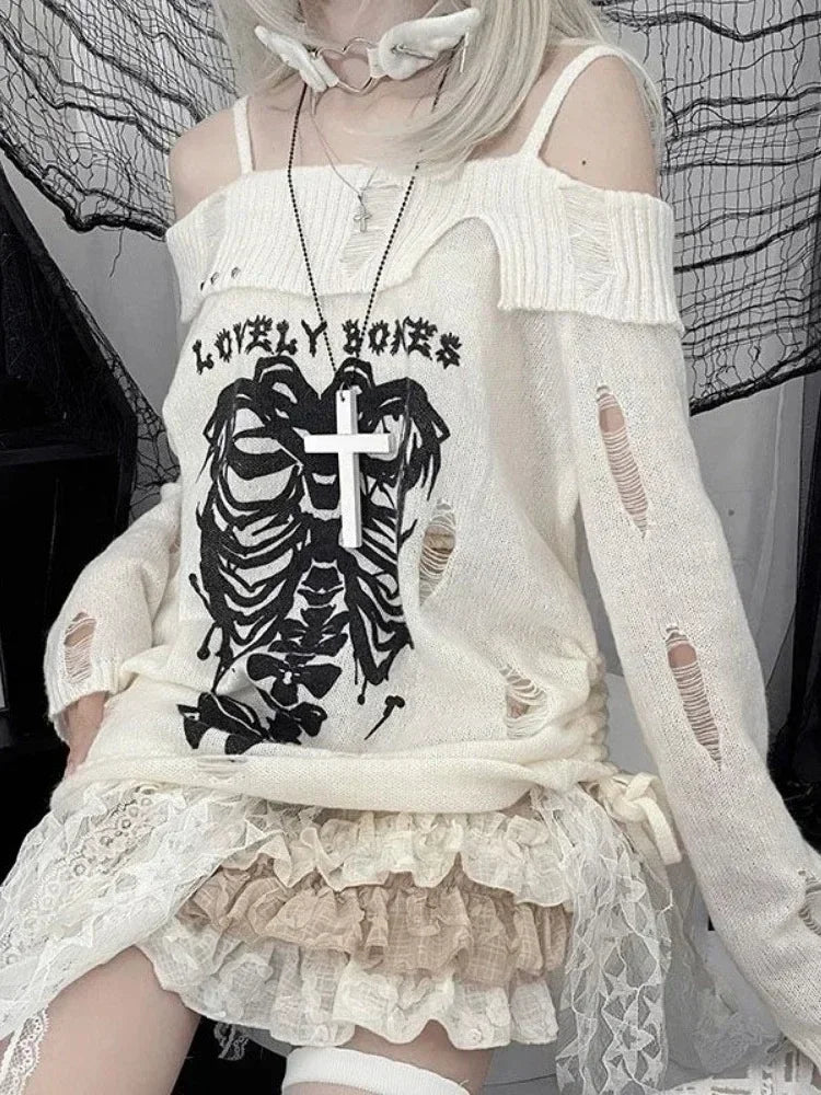 Gothic Knitted Women Pullovers Sexy Skull Off The Shoulder Loose Sweater