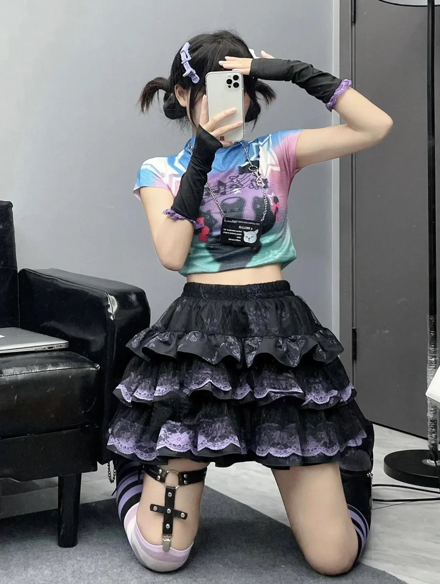 New Japanese Black Punk Harajuku Lace Puff A-line Miniskirt