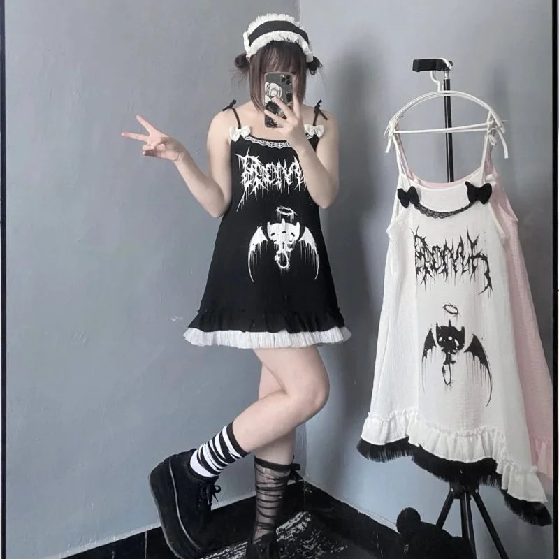 Loose A-Line Summer Sleeveless Punk Style Lace Camisole Dresses