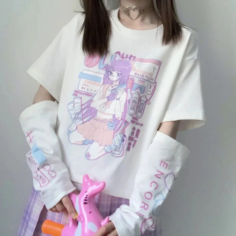 Japanese Streetwear Anime Tshirt With Arm Cover Summer Tops For Women