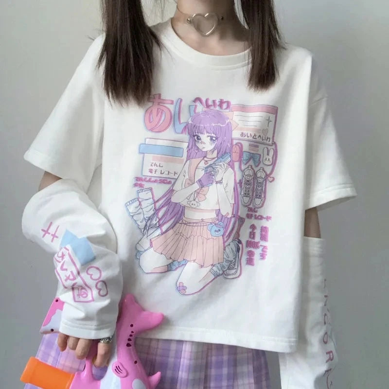 Japanese Streetwear Anime Tshirt With Arm Cover Summer Tops For Women