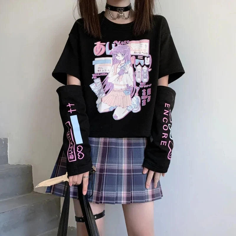 Japanese Streetwear Anime Tshirt With Arm Cover Summer Tops For Women