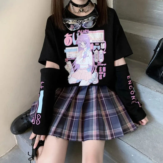 Japanese Streetwear Anime Tshirt With Arm Cover Summer Tops For Women