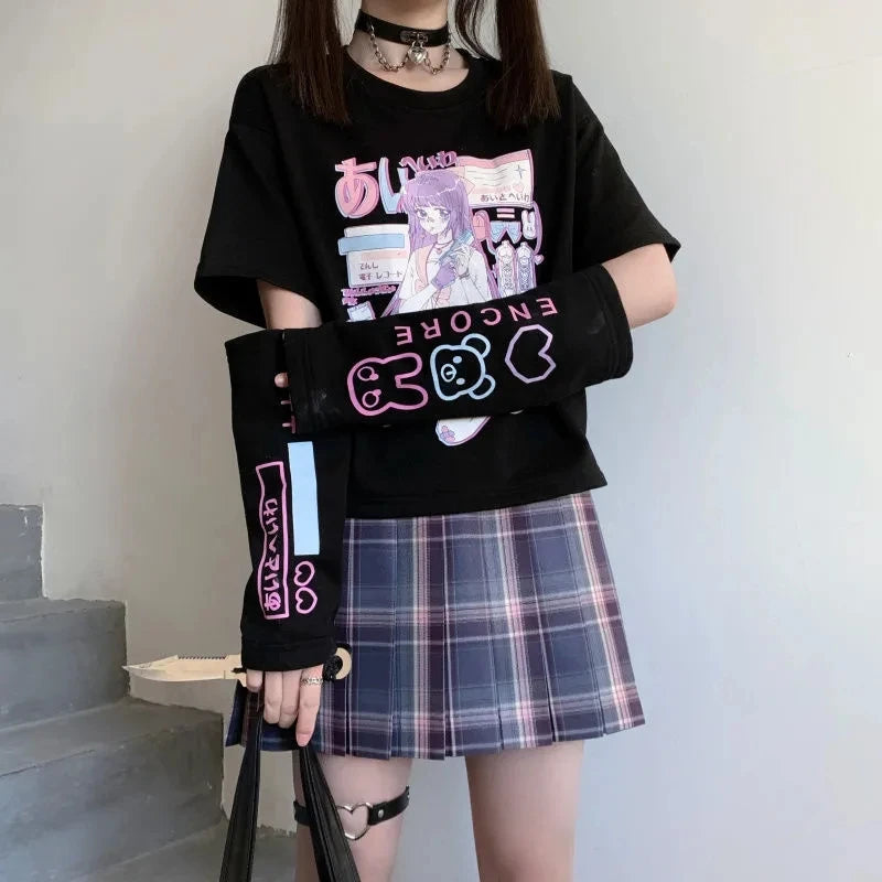 Japanese Streetwear Anime Tshirt With Arm Cover Summer Tops For Women