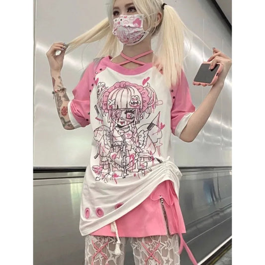 Hotsweet Short Sleeve Summer T Shirt Harajuku Pink & Black Tees