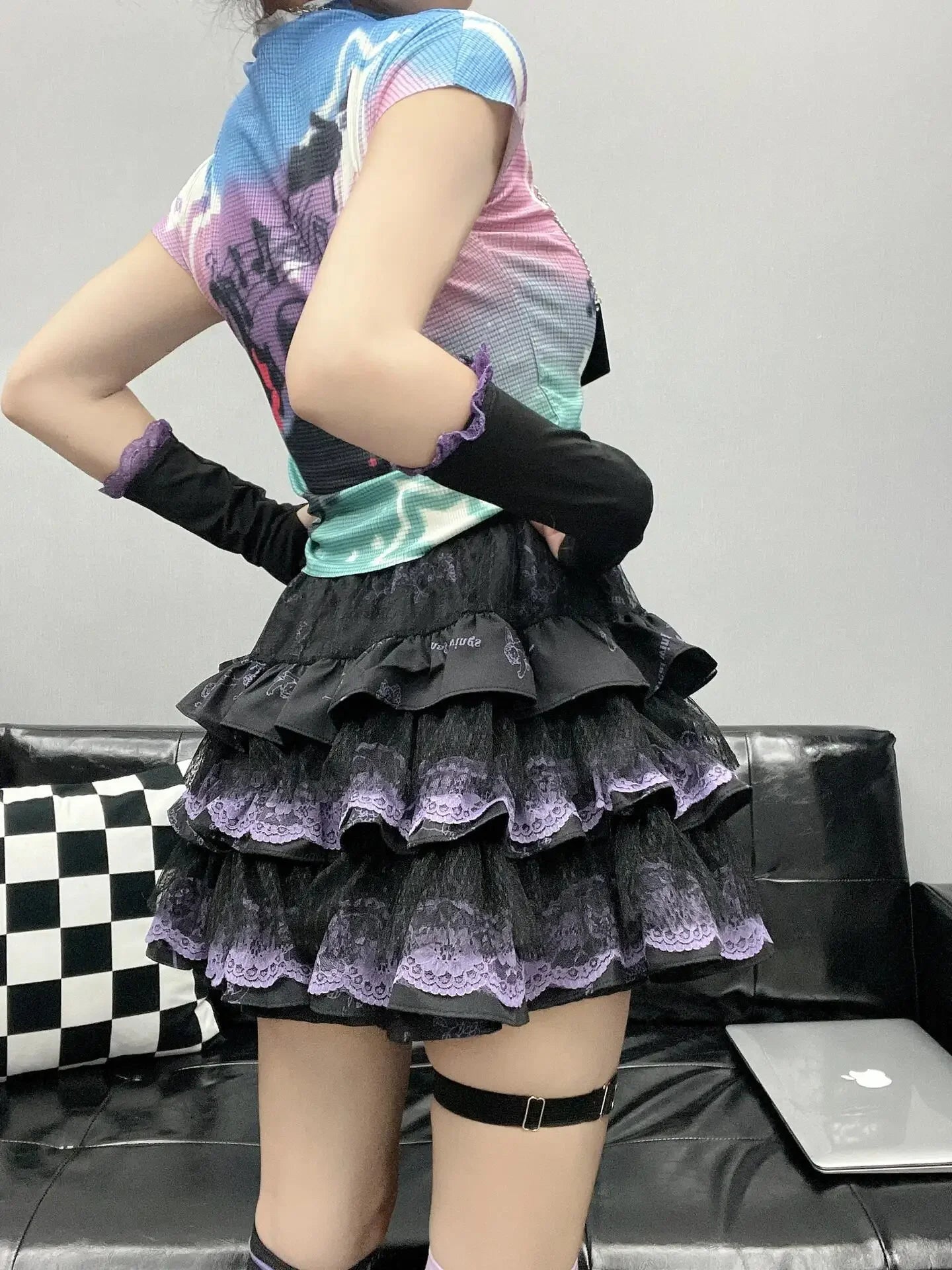 New Japanese Black Punk Harajuku Lace Puff A-line Miniskirt