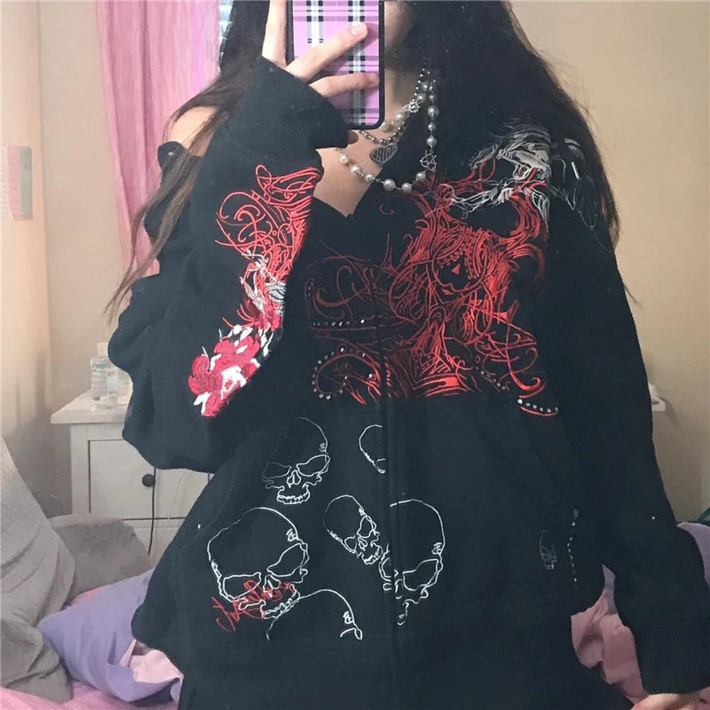 Women's Gothic Hooded Skull Print Sweatshirt Long Sleeve