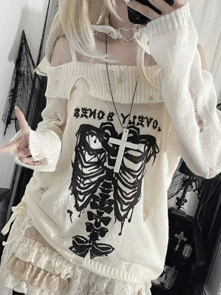 Gothic Knitted Women  Pullovers Sexy Skull Off The Shoulder Loose Sweater