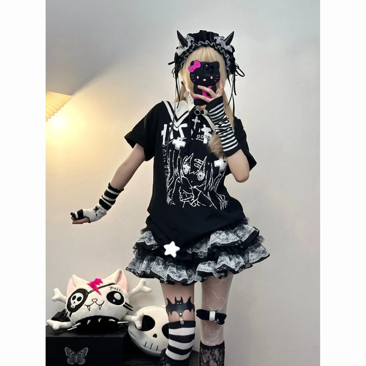 New Japanese Black Punk Harajuku Lace Puff A-line Miniskirt