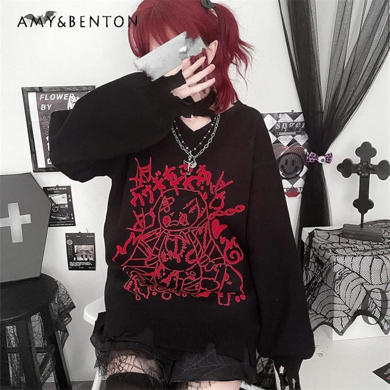 New Goth Style Anime Print V-Neck Pullover Sweater