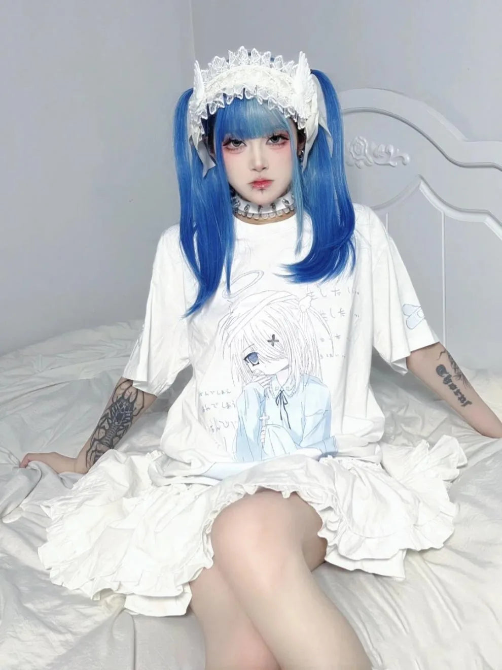 Japanese Blue & White Color Summer Loose Short Sleeve T Shirt Kawaii Pullovers