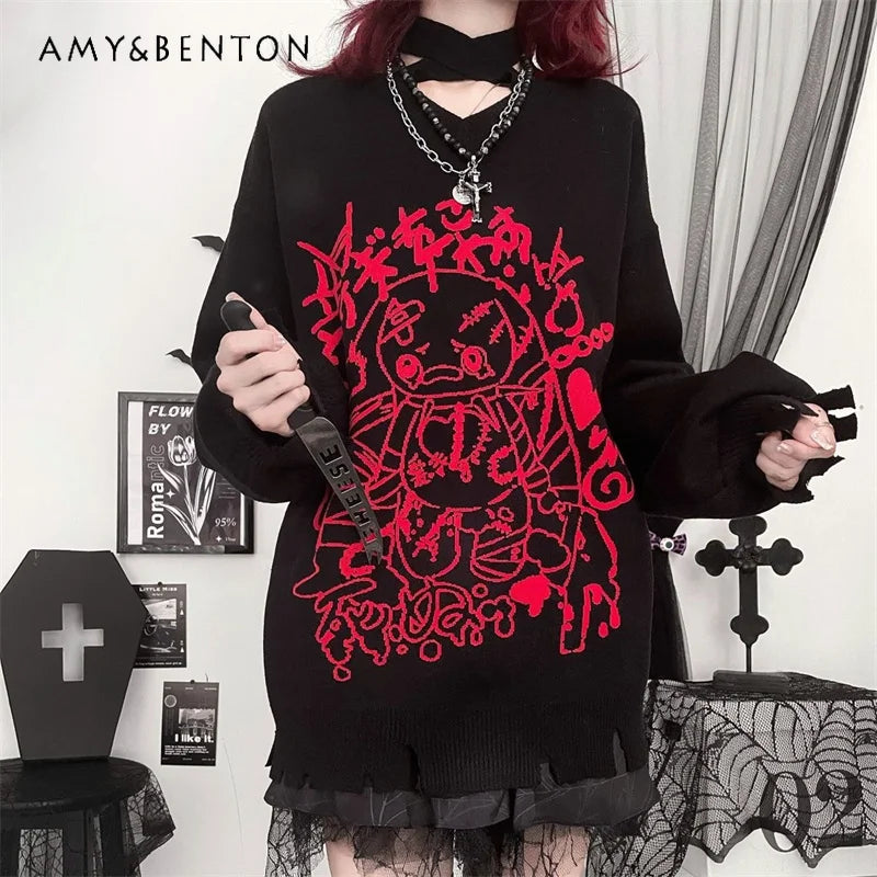 New Goth Style Anime Print V-Neck Pullover Sweater