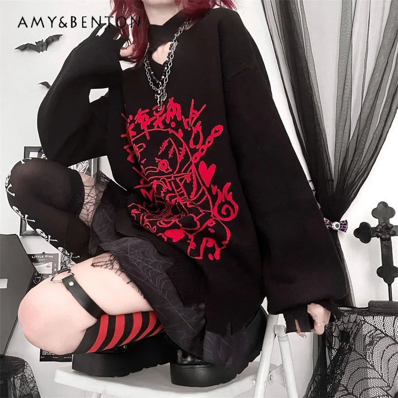 New Goth Style Anime Print V-Neck Pullover Sweater