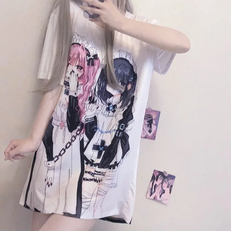 Japanese Tees for Girls Summer 2023 New Subculture Loose Popular New Pulovers White Y2k Short Sleeve T-shirt Anime Girl Top