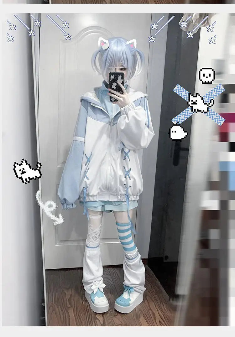 Girls Super Cute Blue White Kawaii Hoodies with Zipper