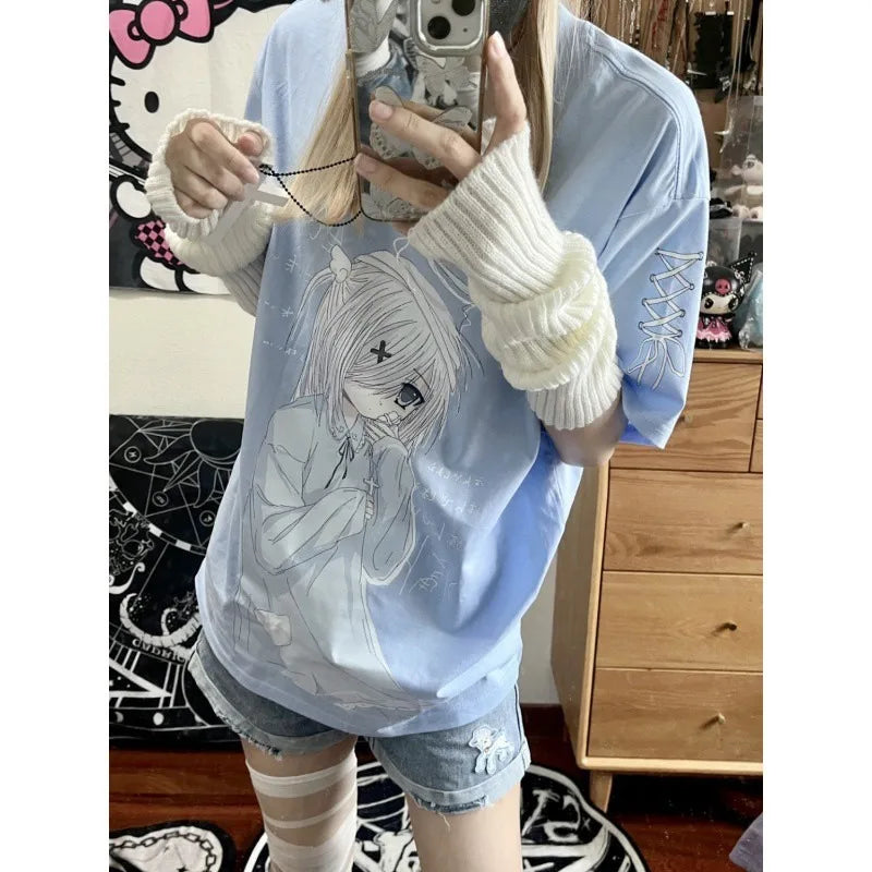 Japanese Blue & White Color Summer Loose Short Sleeve T Shirt Kawaii Pullovers