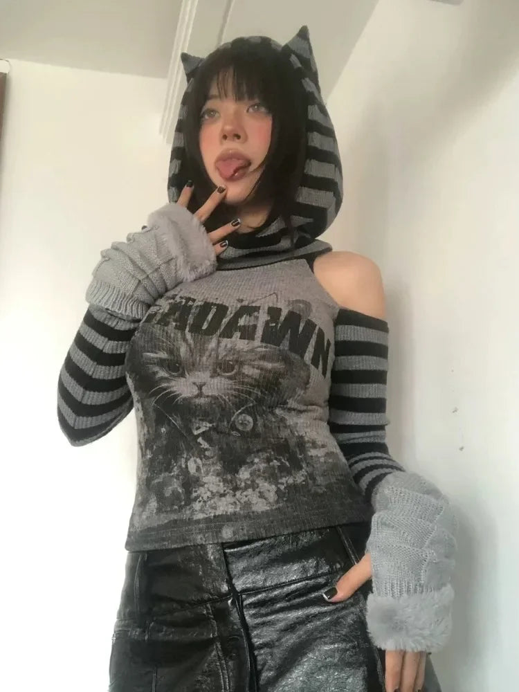 Japanese Striped Patchwork Hoodie for Women Gothic Retro Cat Print Slimming Pullover Harajuku Style