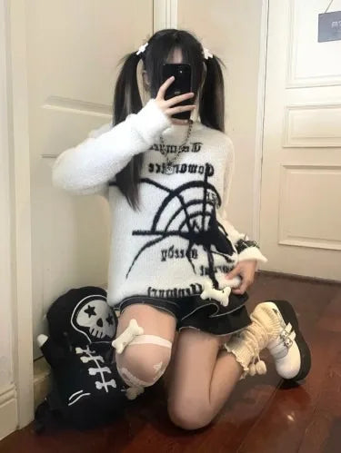 Girls Punk White Velvet Spider Pullovers Sweater