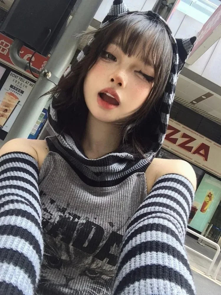 Japanese Striped Patchwork Hoodie for Women Gothic Retro Cat Print Slimming Pullover Harajuku Style