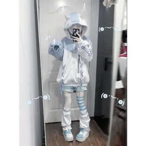 Girls Super Cute Blue White Kawaii Hoodies with Zipper