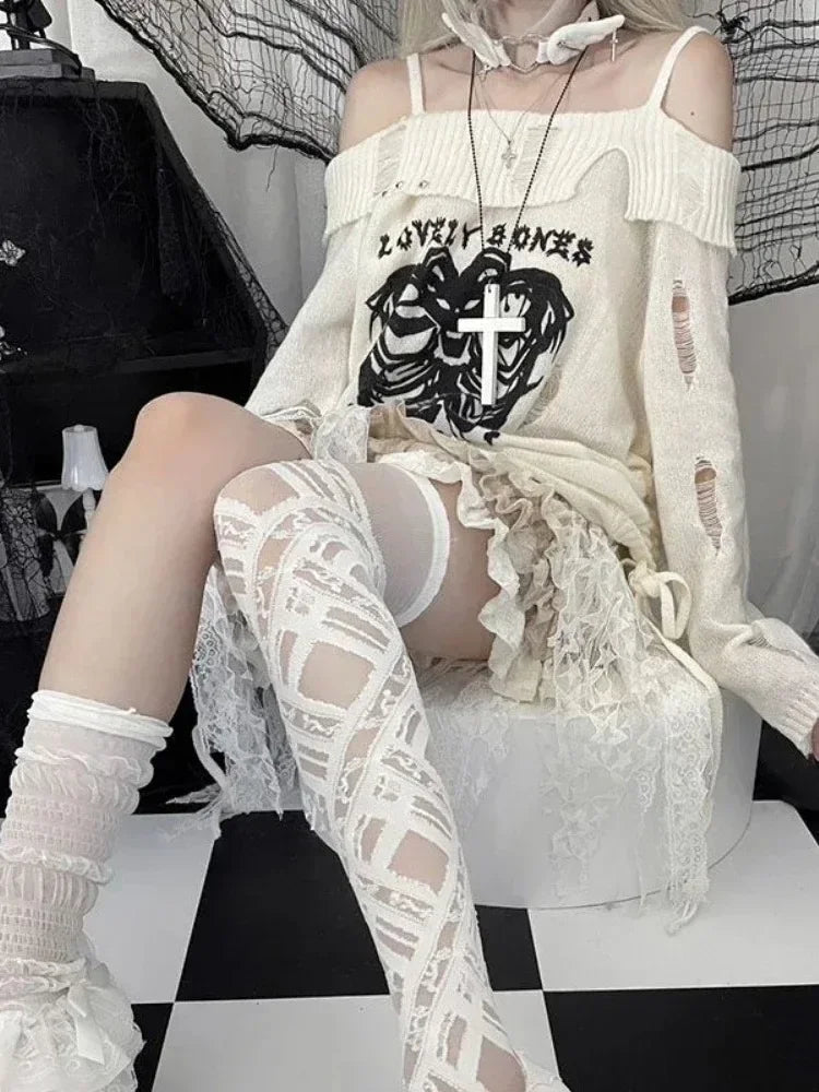 Gothic Knitted Women  Pullovers Sexy Skull Off The Shoulder Loose Sweater