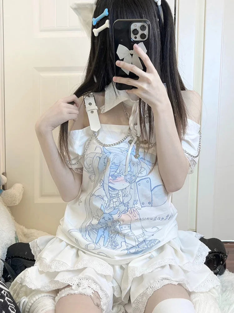 Cute Kawaii Anime Printed Off Shoulder T-shirt