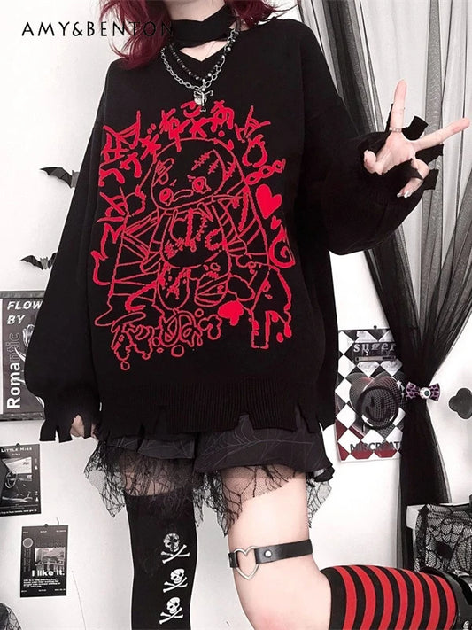 New Goth Style Anime Print V-Neck Pullover Sweater