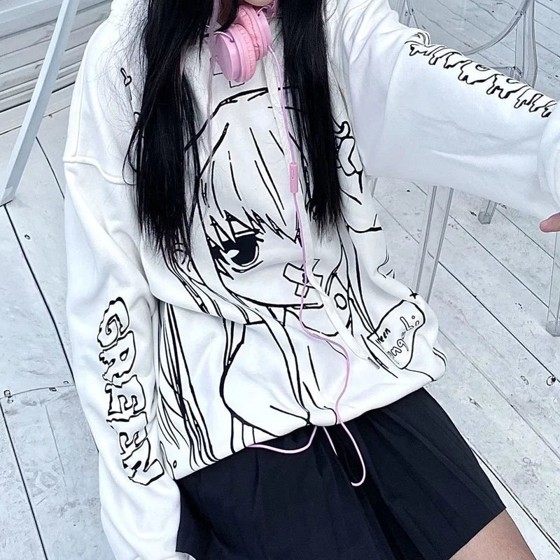 Women Casual Harajuku Cartoon Print Oversized Hoodie