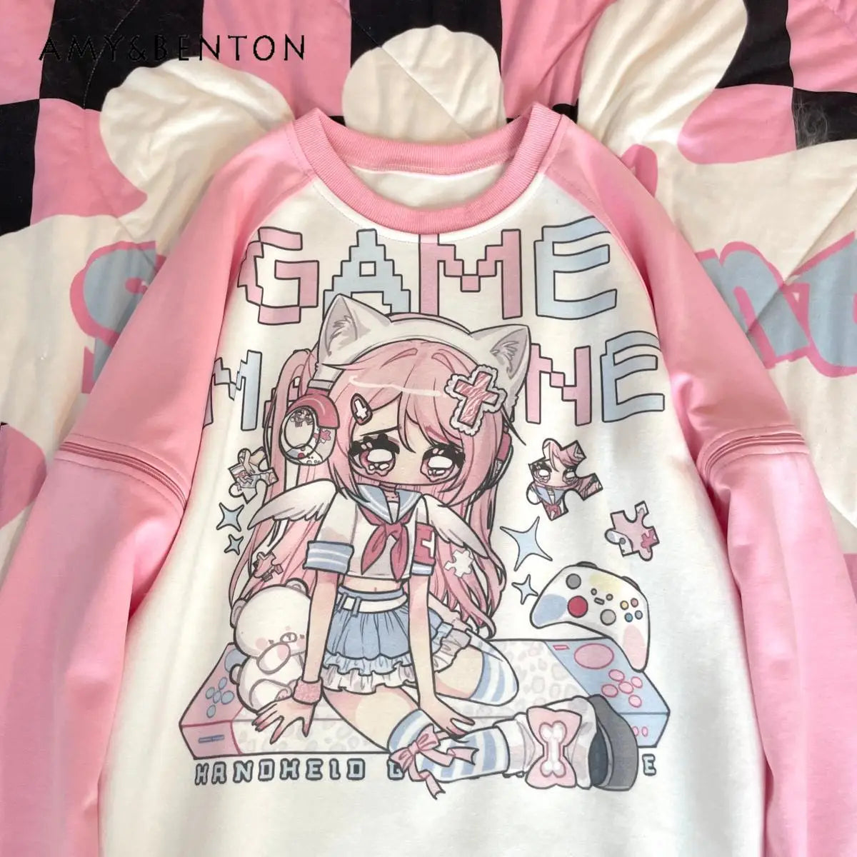 Original Design Harajuku Style Kawaii Anime Printed Long Sleeve Pink Casual Loose T-shirt