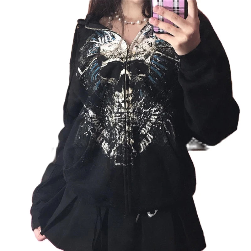 Women's Gothic Hooded Skull Print Sweatshirt Long Sleeve