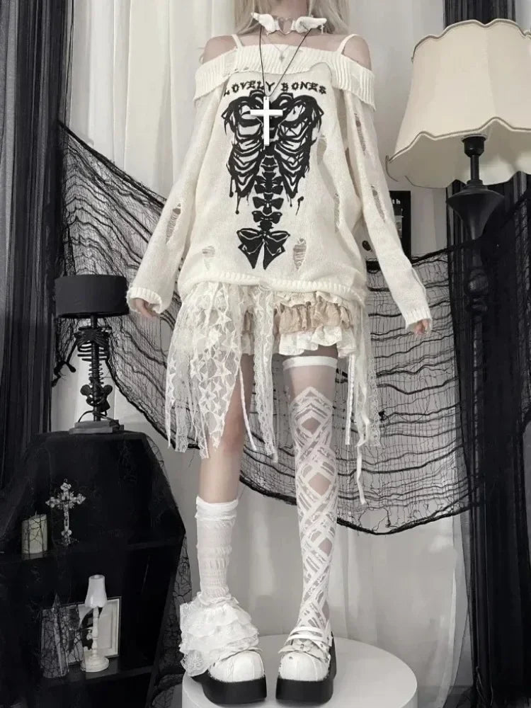 Gothic Knitted Women  Pullovers Sexy Skull Off The Shoulder Loose Sweater