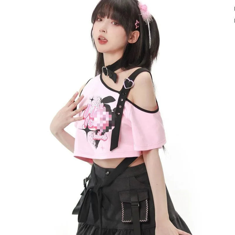 Original Style Pink Print Japanese Kawaii Girls Top Cute Blouse