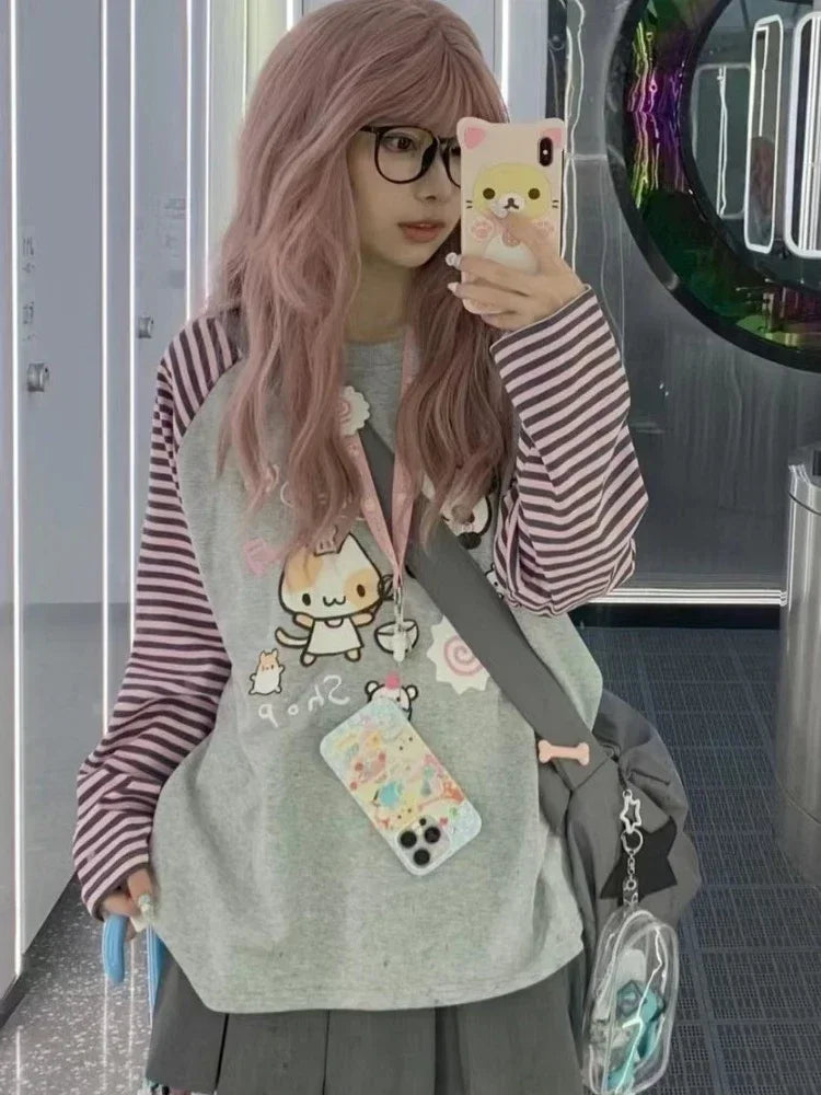 Kawaii Striped Women Japanese Fashion Sweatshirt