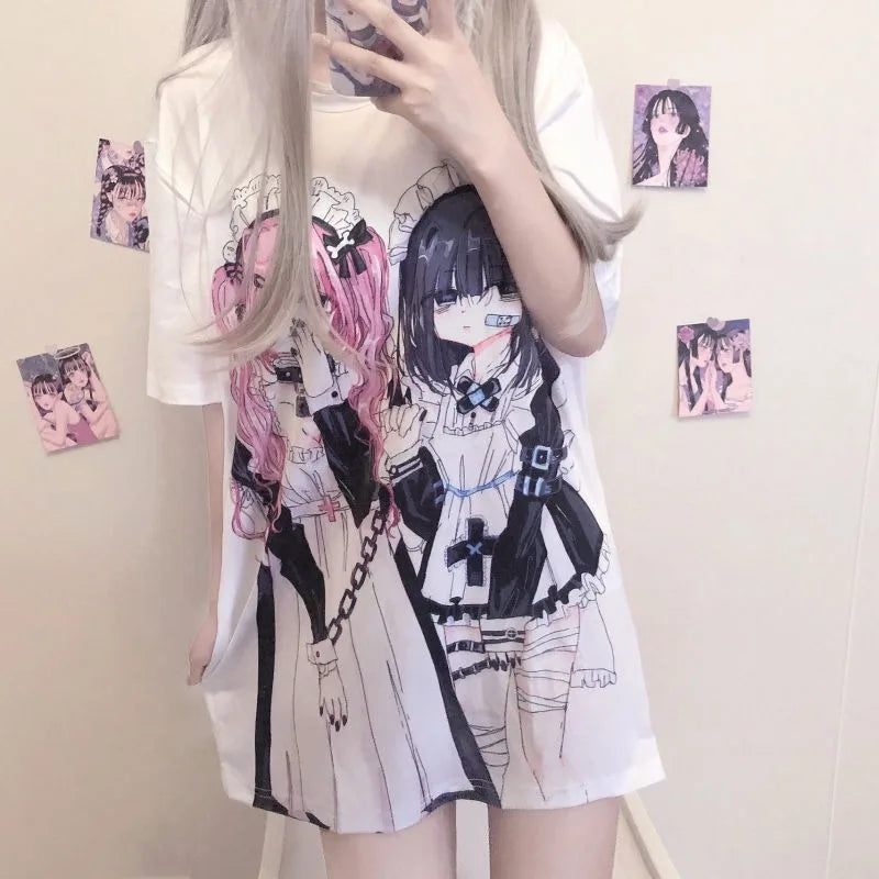 Japanese Tees for Girls Summer 2023 New Subculture Loose Popular New Pulovers White Y2k Short Sleeve T-shirt Anime Girl Top