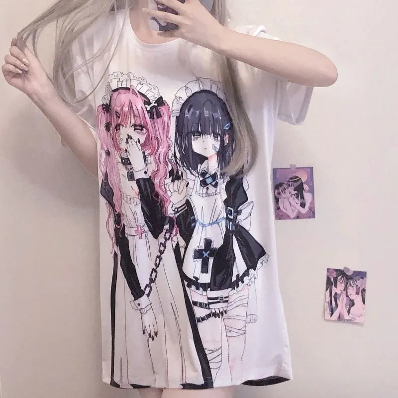 Japanese Tees for Girls Summer 2023 New Subculture Loose Popular New Pulovers White Y2k Short Sleeve T-shirt Anime Girl Top