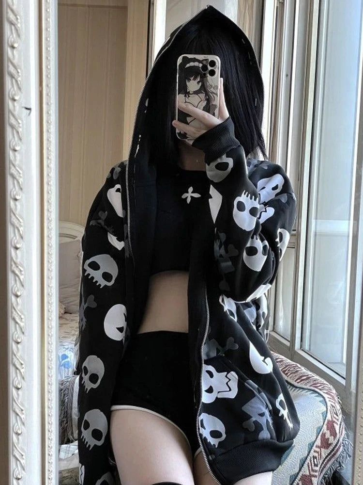 AltGoth Skull Printed Long Sleeve Zipper Sweatshirt Hoodie