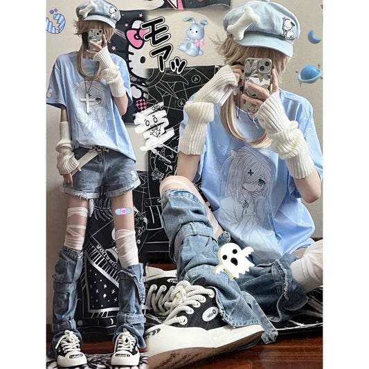 Japanese Blue & White Color Summer Loose Short Sleeve T Shirt Kawaii Pullovers