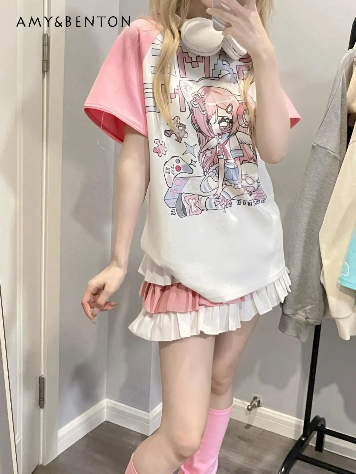 Original Design Harajuku Style Kawaii Anime Printed Long Sleeve Pink Casual Loose T-shirt