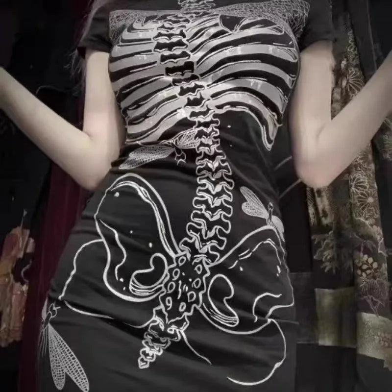 Sexy Mini Hip Wrap Goth Skeleton Print Dress