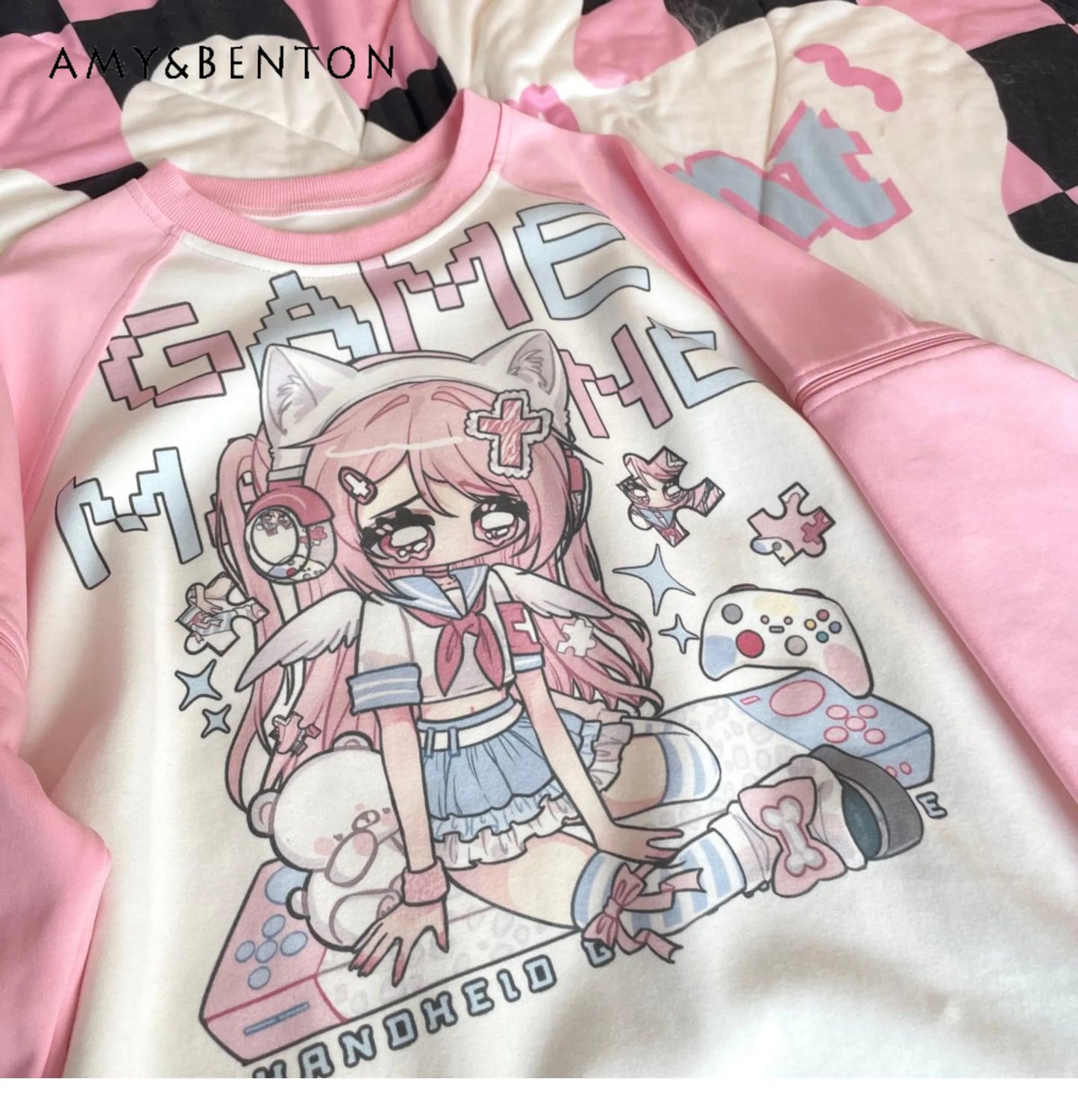 Original Design Harajuku Style Kawaii Anime Printed Long Sleeve Pink Casual Loose T-shirt