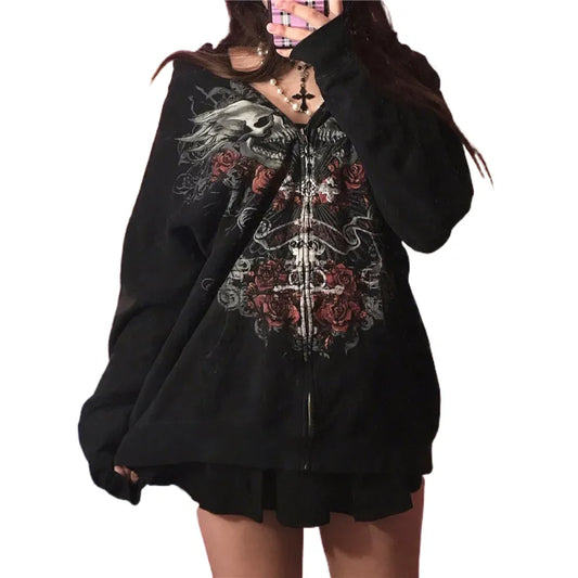 Women's Gothic Hooded Skull Print Sweatshirt Long Sleeve