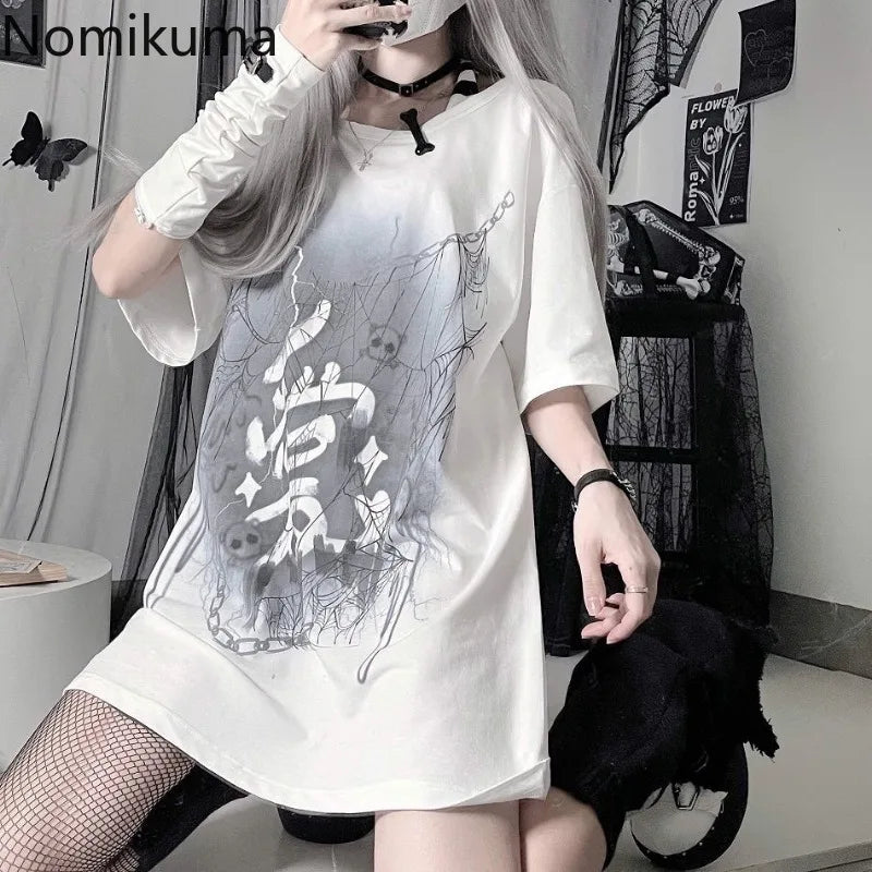 Women Harajuku Tshirts White Tees Fashion Cotton Print Japanese Oversized Tops