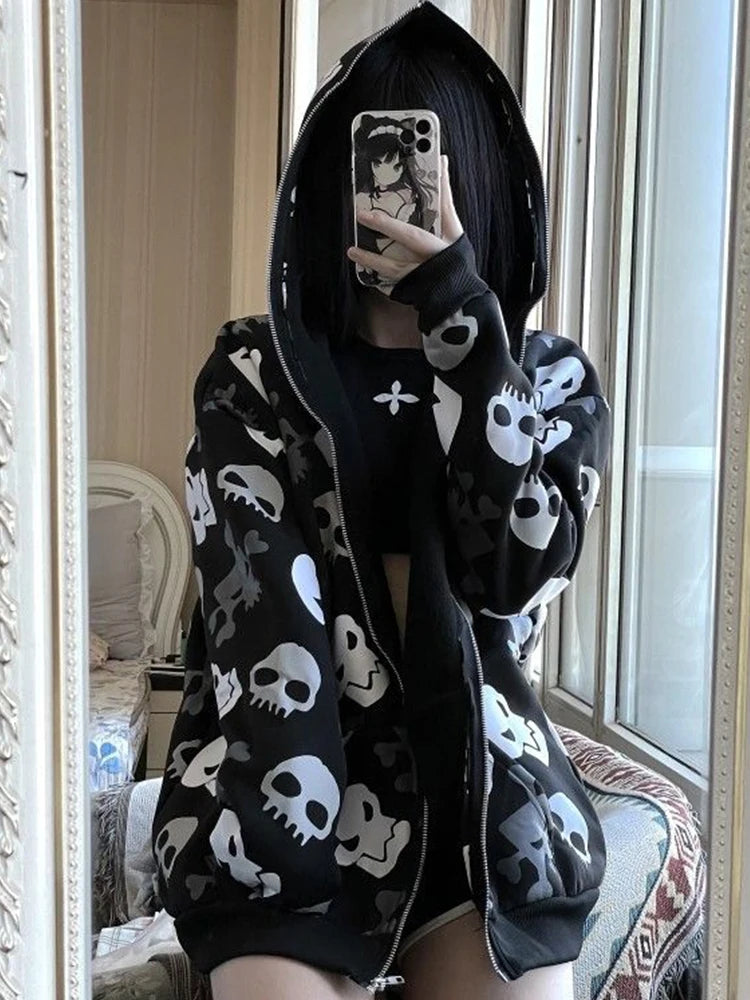 AltGoth Skull Printed Long Sleeve Zipper Sweatshirt Hoodie