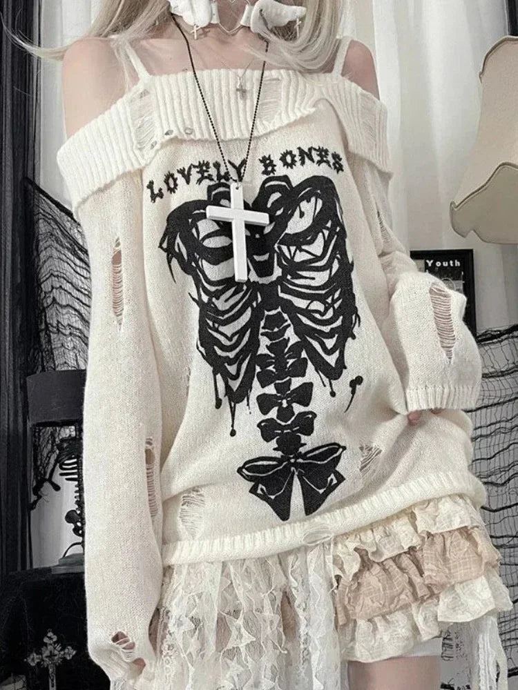 Gothic Knitted Women  Pullovers Sexy Skull Off The Shoulder Loose Sweater