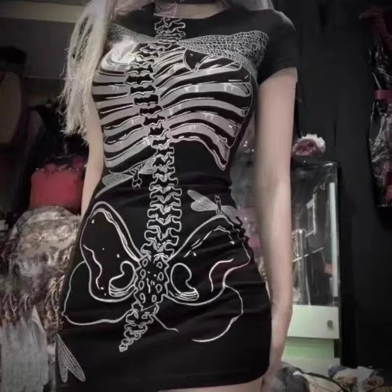 Sexy Mini Hip Wrap Goth Skeleton Print Dress