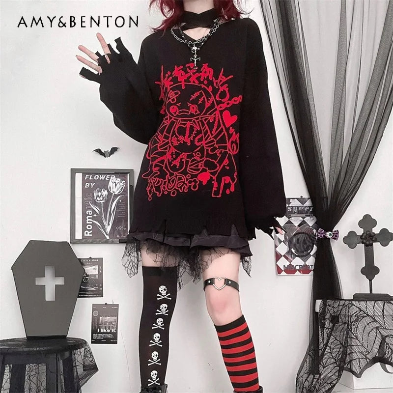 New Goth Style Anime Print V-Neck Pullover Sweater