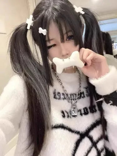 Girls Punk White Velvet Spider Pullovers Sweater