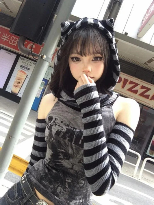 Japanese Striped Patchwork Hoodie for Women Gothic Retro Cat Print Slimming Pullover Harajuku Style